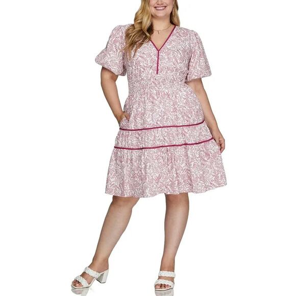 She + Sky Full Size Printed V-Neck Puff Sleeve Tiered Dress Plus Size - Picture 4 of 6